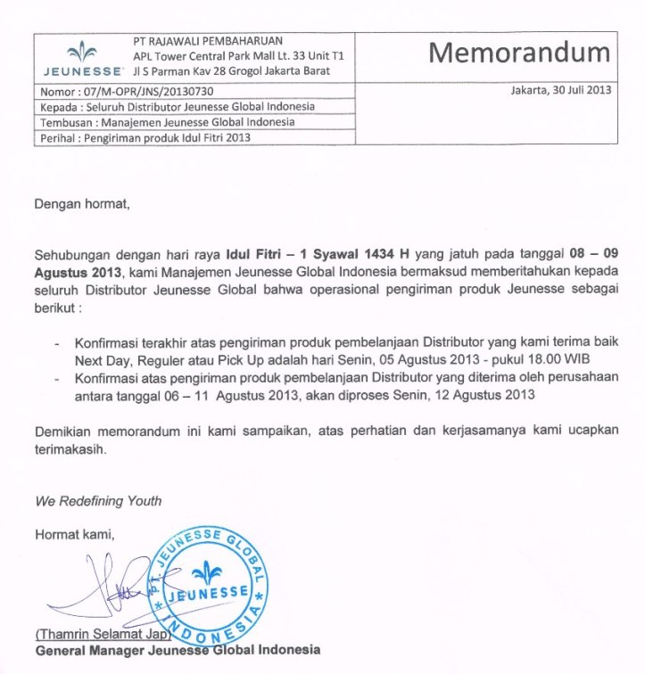 Pengiriman Produk Jeunesse Selama Libur Lebaran