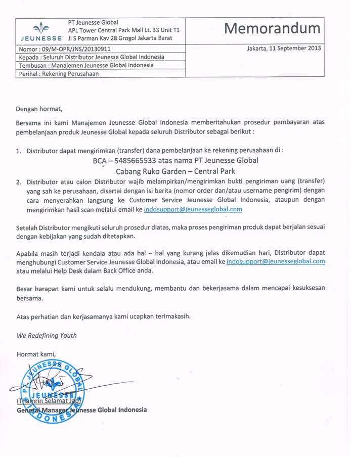 Rekening Transfer Resmi Terbaru Perusahaan Jeunesse Indonesia