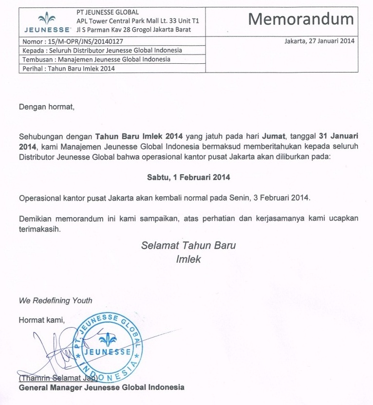 Pengumuman Libur Imlek 2014 Jeunesse Indonesia