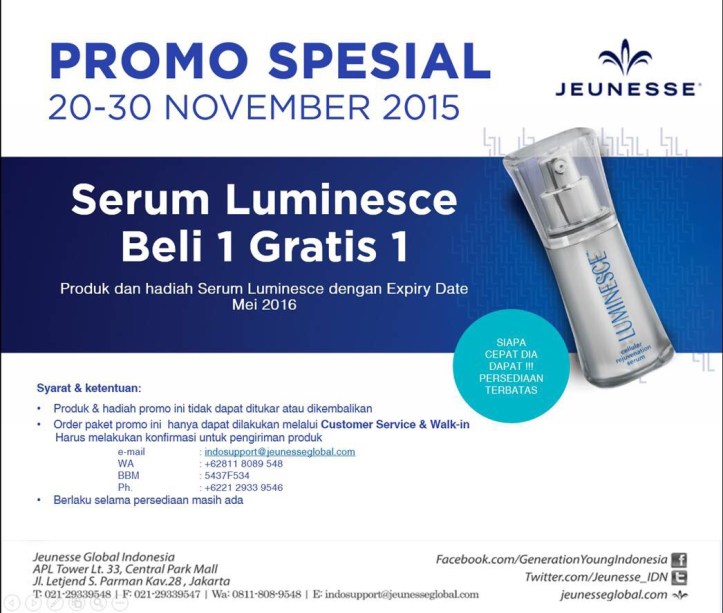 Beli 1 Serum Luminesce Gratis 1 (Promo Jeunesse Global Indonesia November 2015)