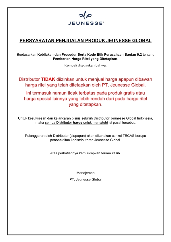 Ketentuan Harga Penjualan Produk Reserve Jeunesse Indonesia