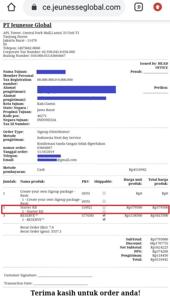 Contoh Pembelian Paket Basic Reserve Tanpa Diskon Starter Kit 1 Dollar