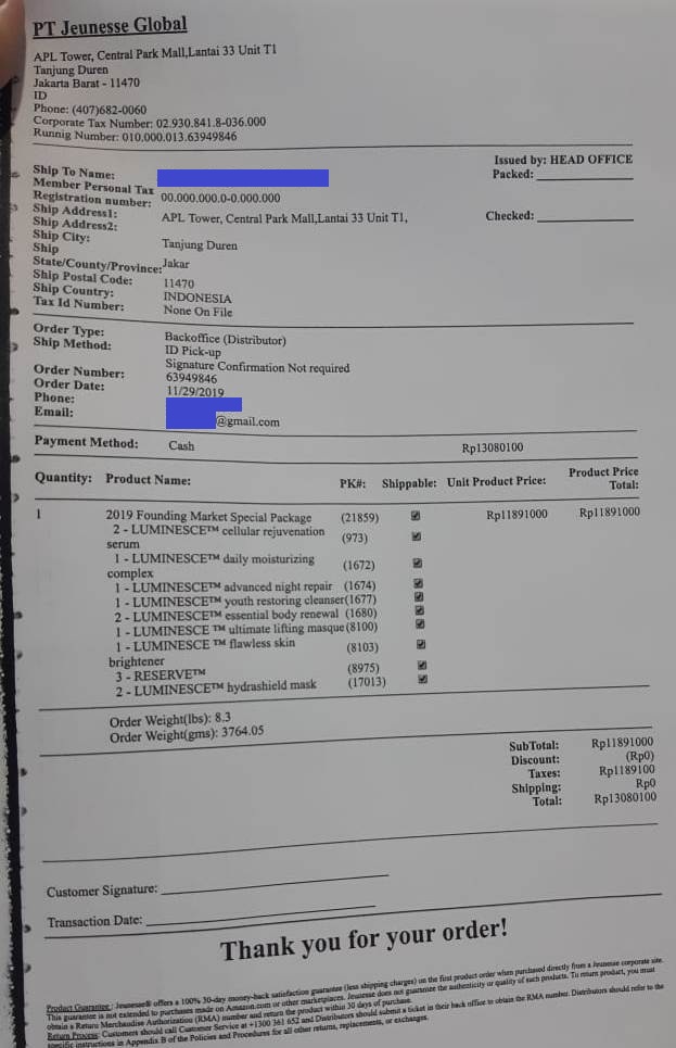 Contoh Order Paket Founder Jeunesse 2019