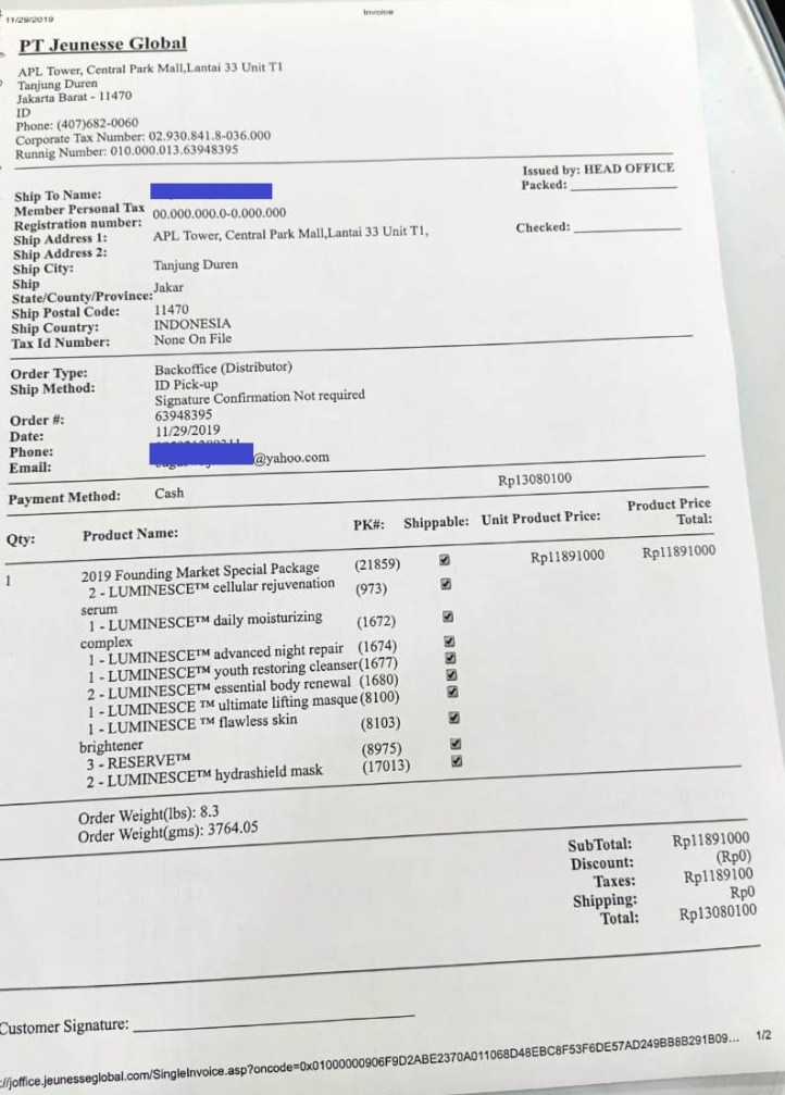 Contoh Order Paket Founder Jeunesse