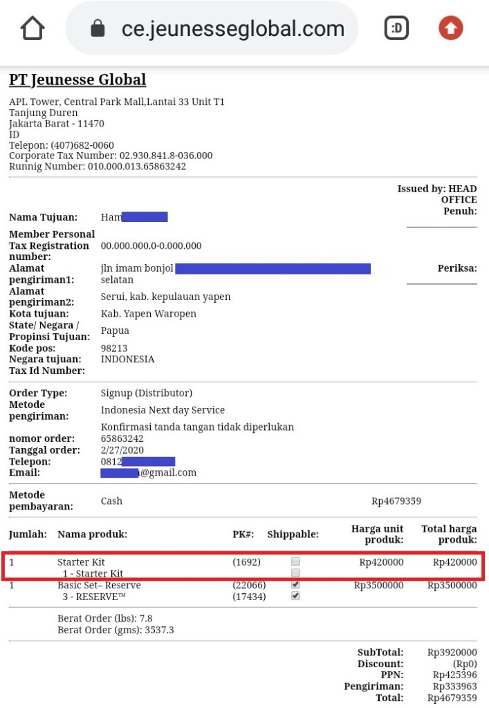 Contoh pembelian paket basic reserve tanpa diskon starter kit 1 dollar 2020