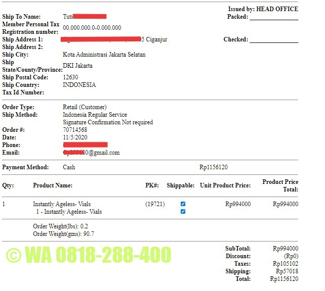 Contoh Order Instantly Ageless Harga Retail