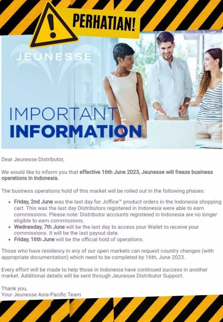 Jeunesse Indonesia Tutup Berhenti Beroperasi 16 Juni 2023